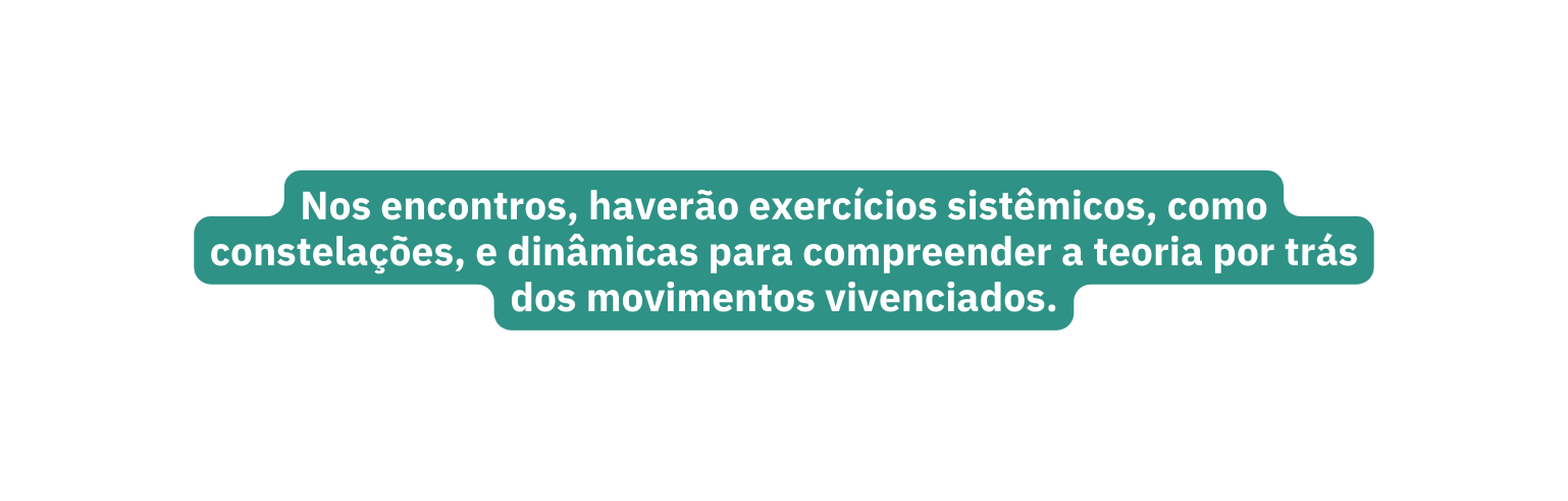 Nos encontros haverão exercícios sistêmicos como constelações e dinâmicas para compreender a teoria por trás dos movimentos vivenciados